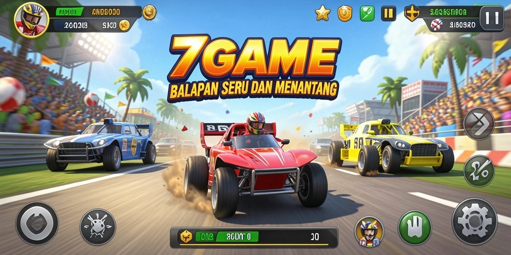 Tampilan gameplay 7GAME yang mendebarkan dan penuh aksi balapan.