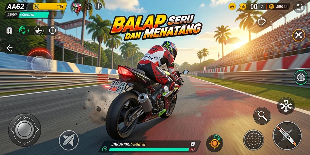 Screenshot gameplay AA62 menampilkan balapan motor yang intens dan seru.