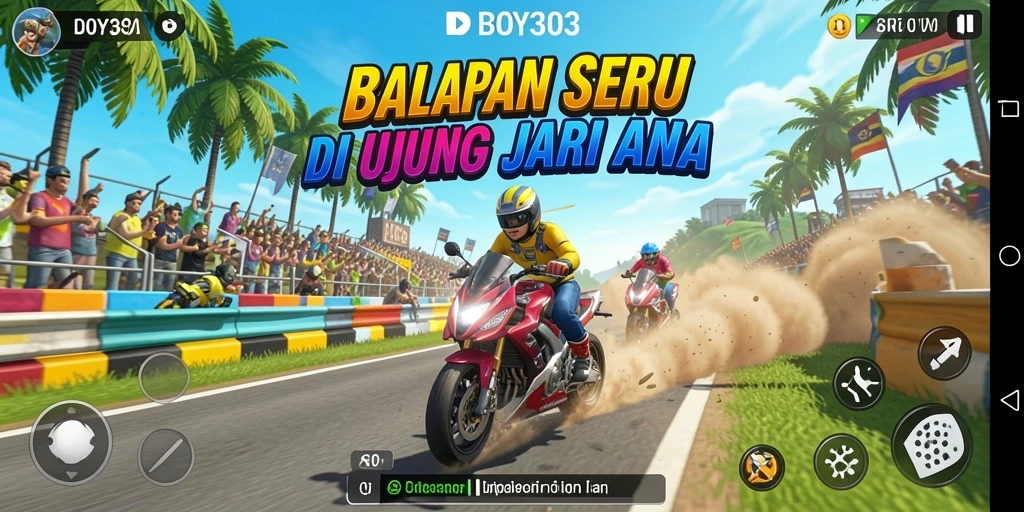 Screenshot gameplay BOY303 yang menunjukkan balapan seru dan mobil yang cepat.
