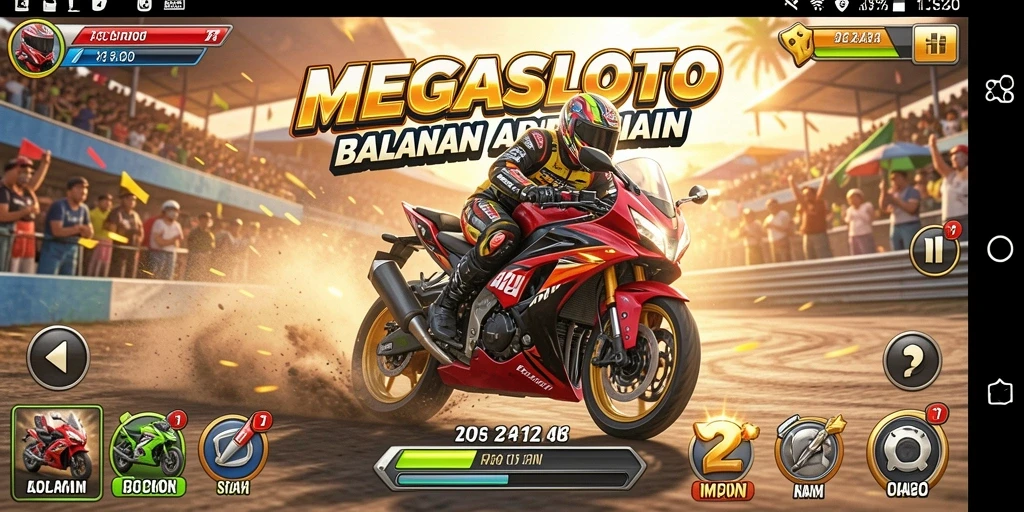 Screenshot gameplay MEGASLOTO dengan aksi balapan motor yang intens.