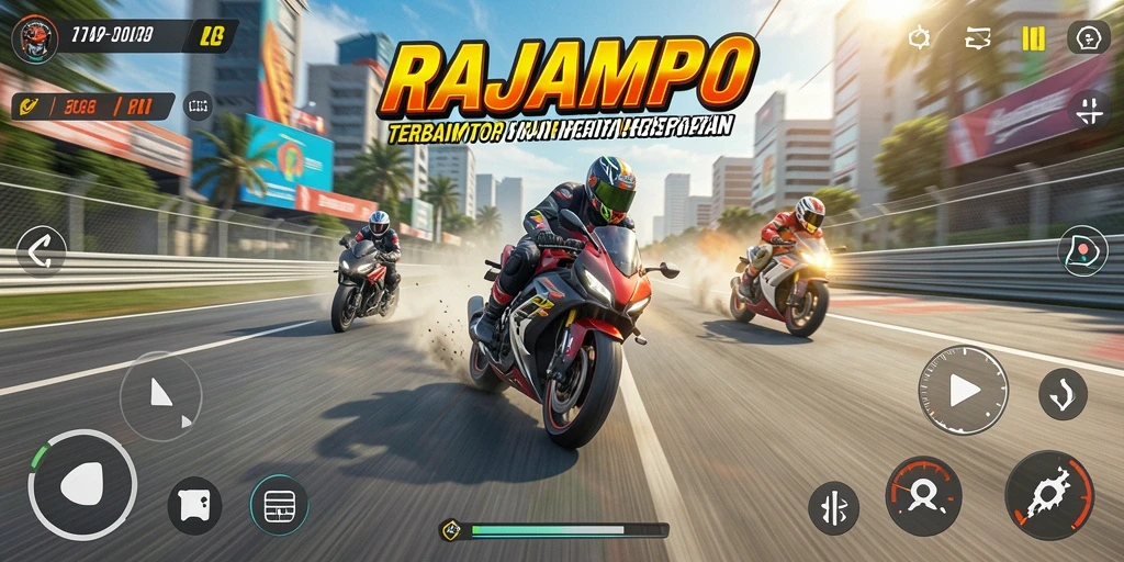 Tangkapan layar dari gameplay seru RAJAMPO yang menunjukkan balapan motor.