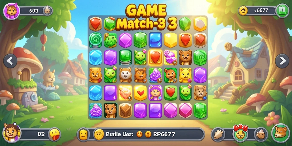 Tampilan gameplay RP6677 yang penuh warna dan menyerupai Match-3.